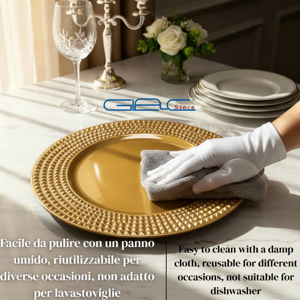 Sottopiatto Elegante, Oro o Rosso, Polipropilene, 33 cm, Bordo Borchiato, Stile Moderno, Set da 4 o 6 Pezzi, per Natale e Matrimoni, Riutilizzabile, Lucido (6, Oro)