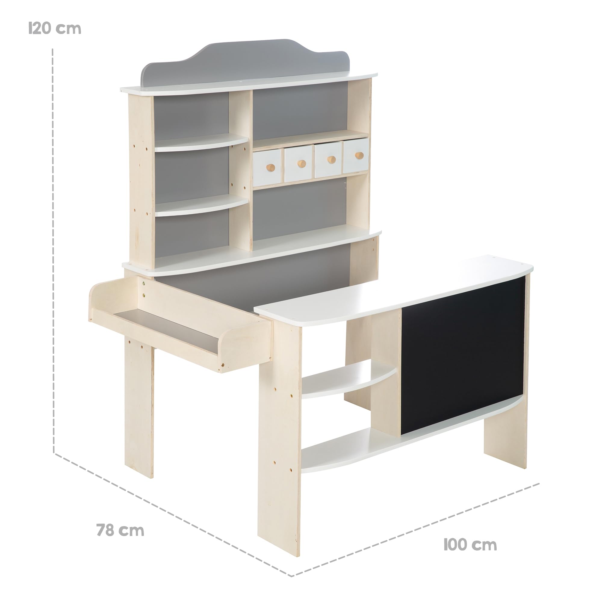 roba Kaufladen, Holz natur,weiß/grau lackiert, 4 Schubladen,Tafel, Theke & Seitentheke