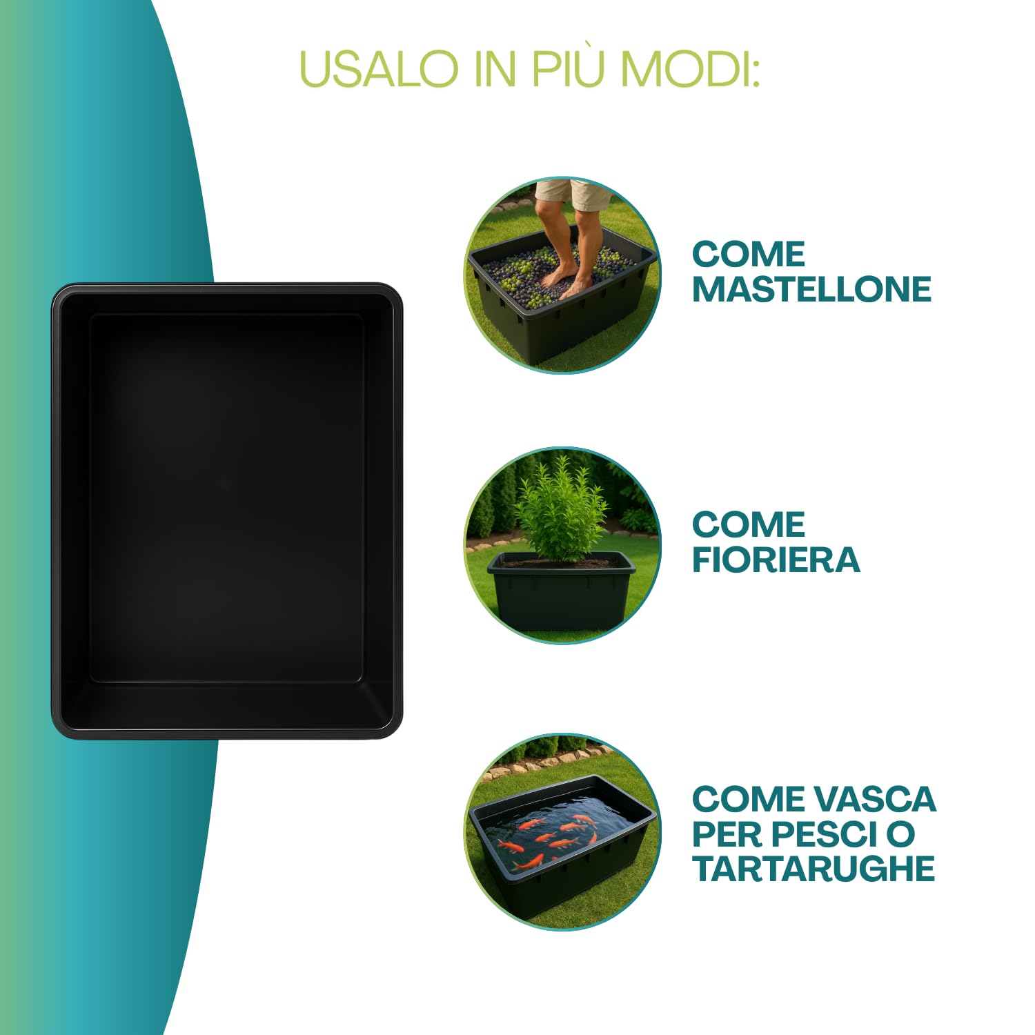 PALUPLUS 3 Contenitori Rettangolari Neri da 250 Litri, Misura 94x63x57 cm, Mastellone Impilabile in Plastica, adatto per Stoccaggio, Fioriera, Vasca per pesci e tartarughe -006F -25,5