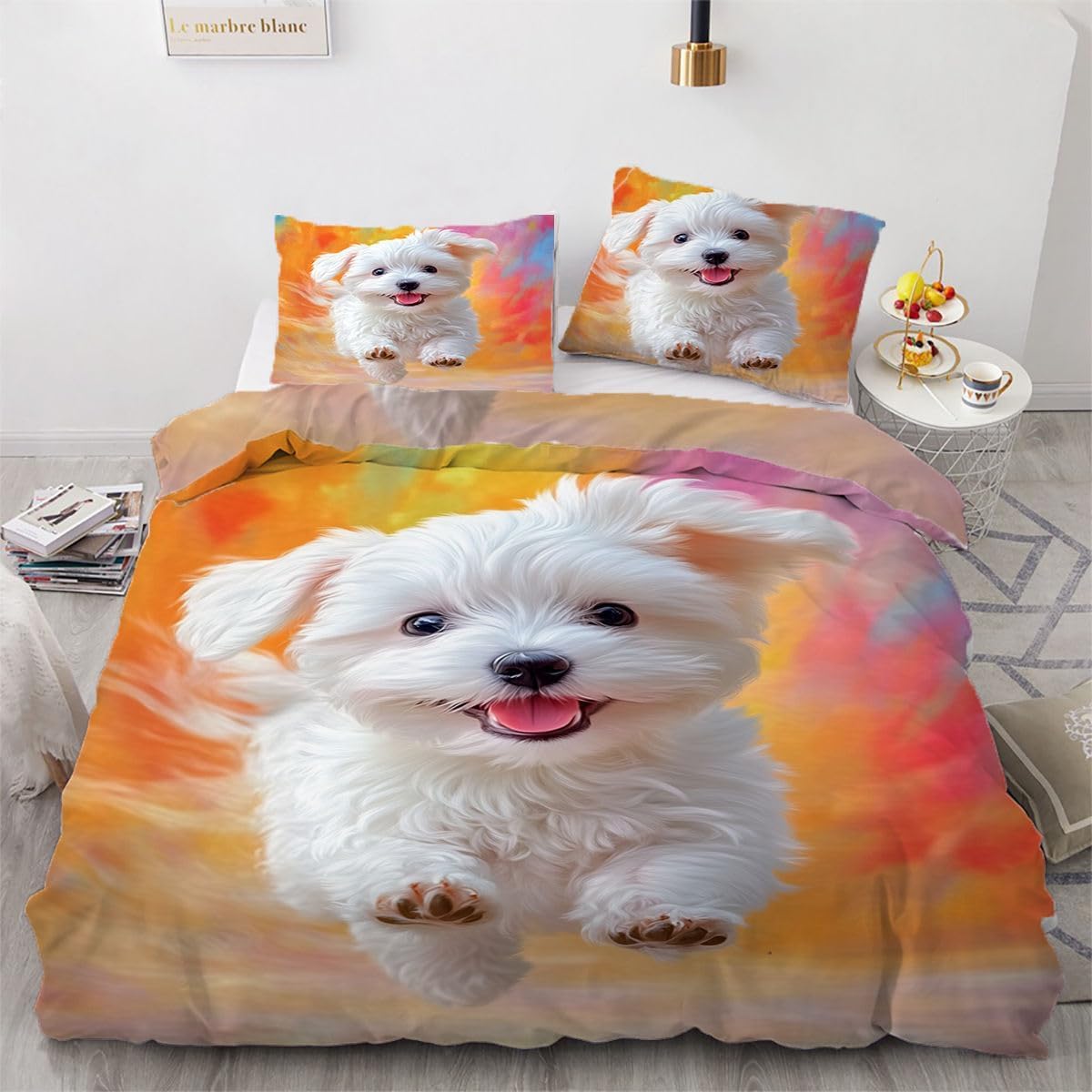 Housse de couette 90x190 enfant chien maltais en microfibre zippée et respirante
