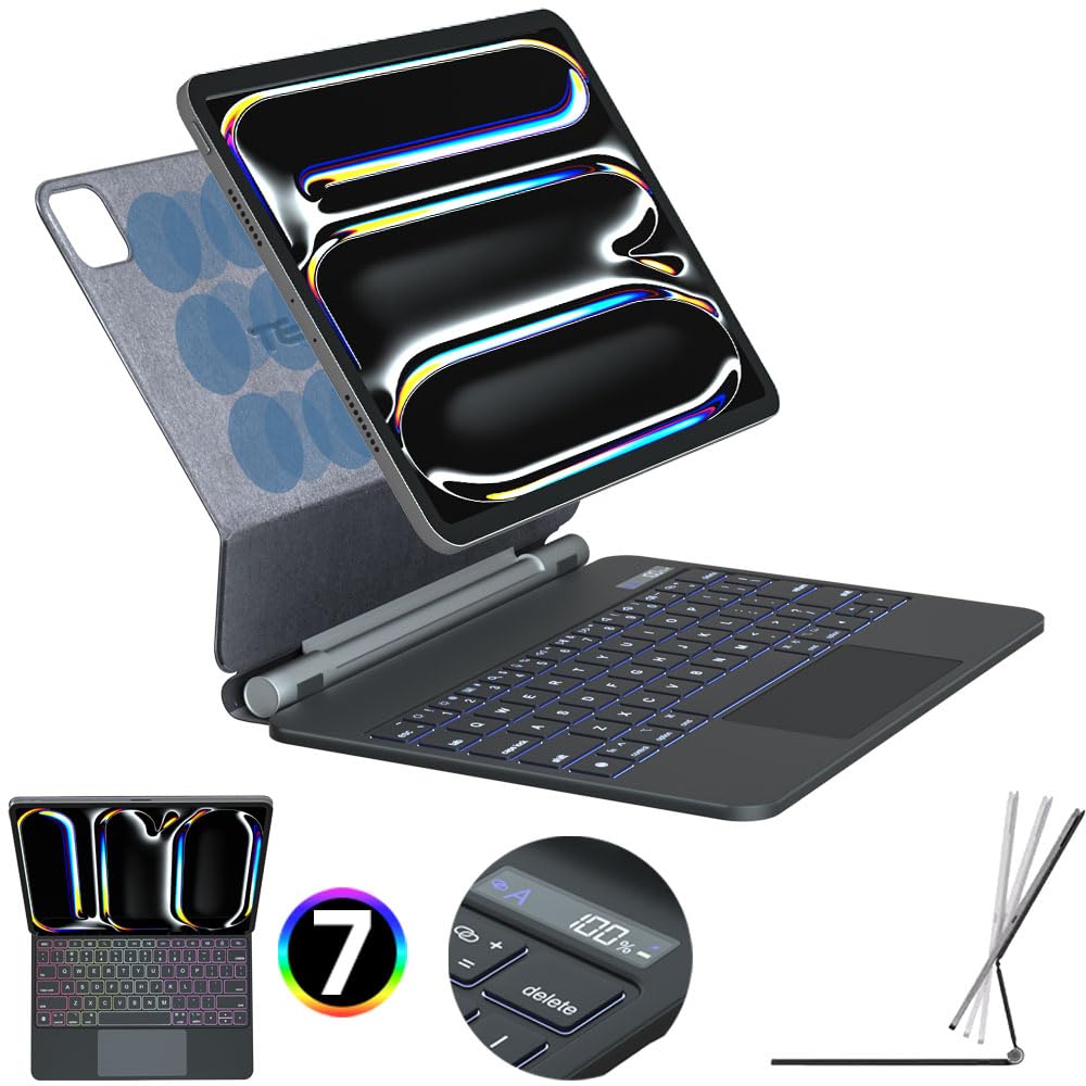 TECHGEAR Custodia per tastiera per Apple iPad Pro 11" (M4) 2024/5a generazione, custodia sottile magnetica flottante con supporto, trackpad multi-touch di precisione, retroilluminazione a 7 colori