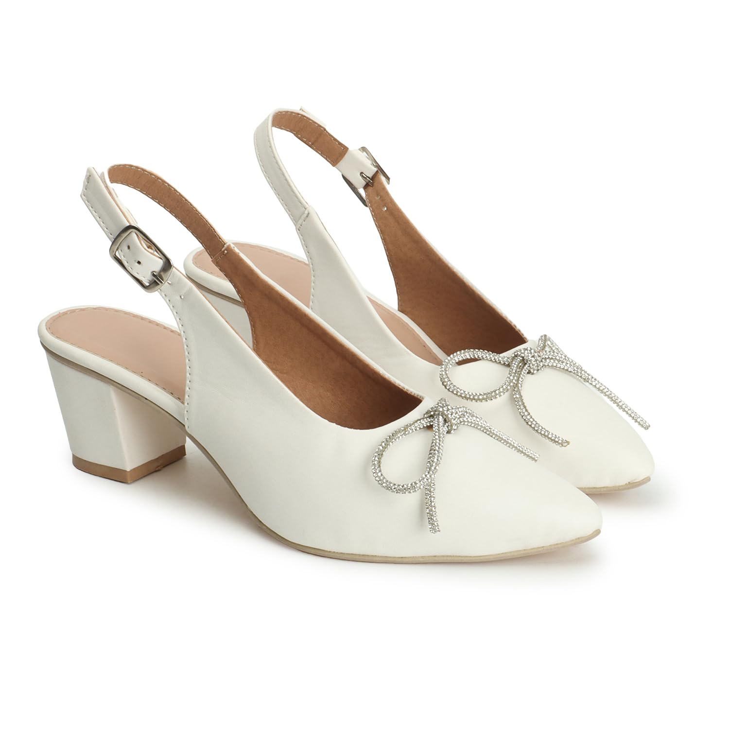 austine Women's White Block Heel Slingback Pumps with Rhinestone Bow, Pointed Toe, Buckle Strap-picture-31