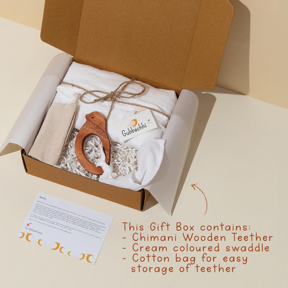 Gubbachhi Chimani with Cream Swaddle Gift Set | Neem Wood Teether & Muslin Swaddle Combo | Newborn Gift idea | Gifting for Infants/Babies | Toy for Gifting | Handmade in India | Age (3 Months +)