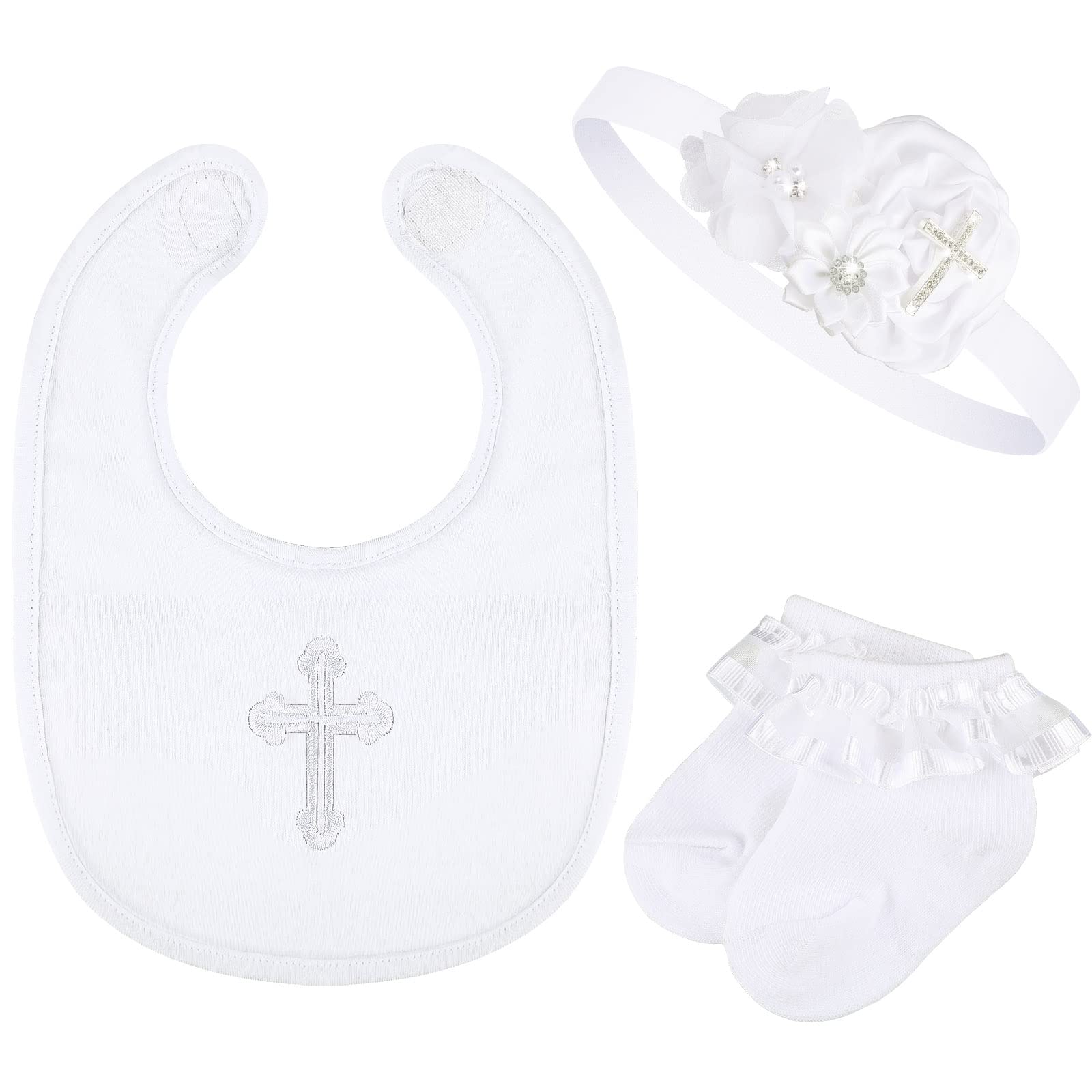 Geyoga 3 Pcs Baptism Bib for Baby Girl Baptism Candle Set Socks Pearl Headband Embroidered White Christening Outfit Bib