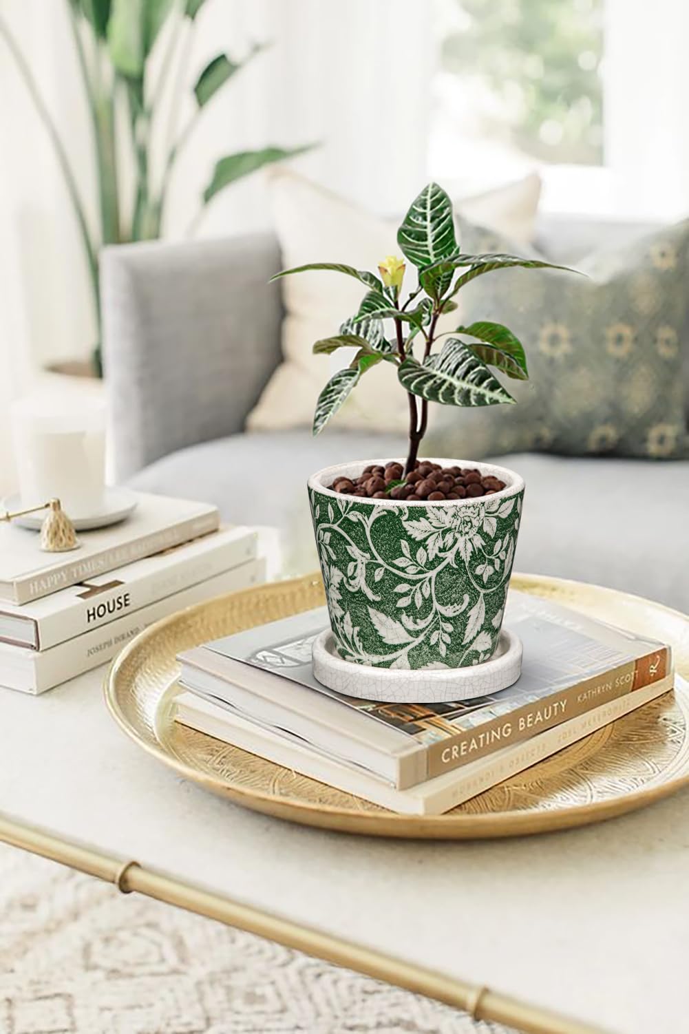 Oairse Set of 2 Green and White Ceramic Planter 12CM 10CM Ceramic Plant Pots Indoor with Drainage Holes and Saucers Tray Decorative Flower Pots Garden Pot for Succulent Cactus House Plants - Image 3