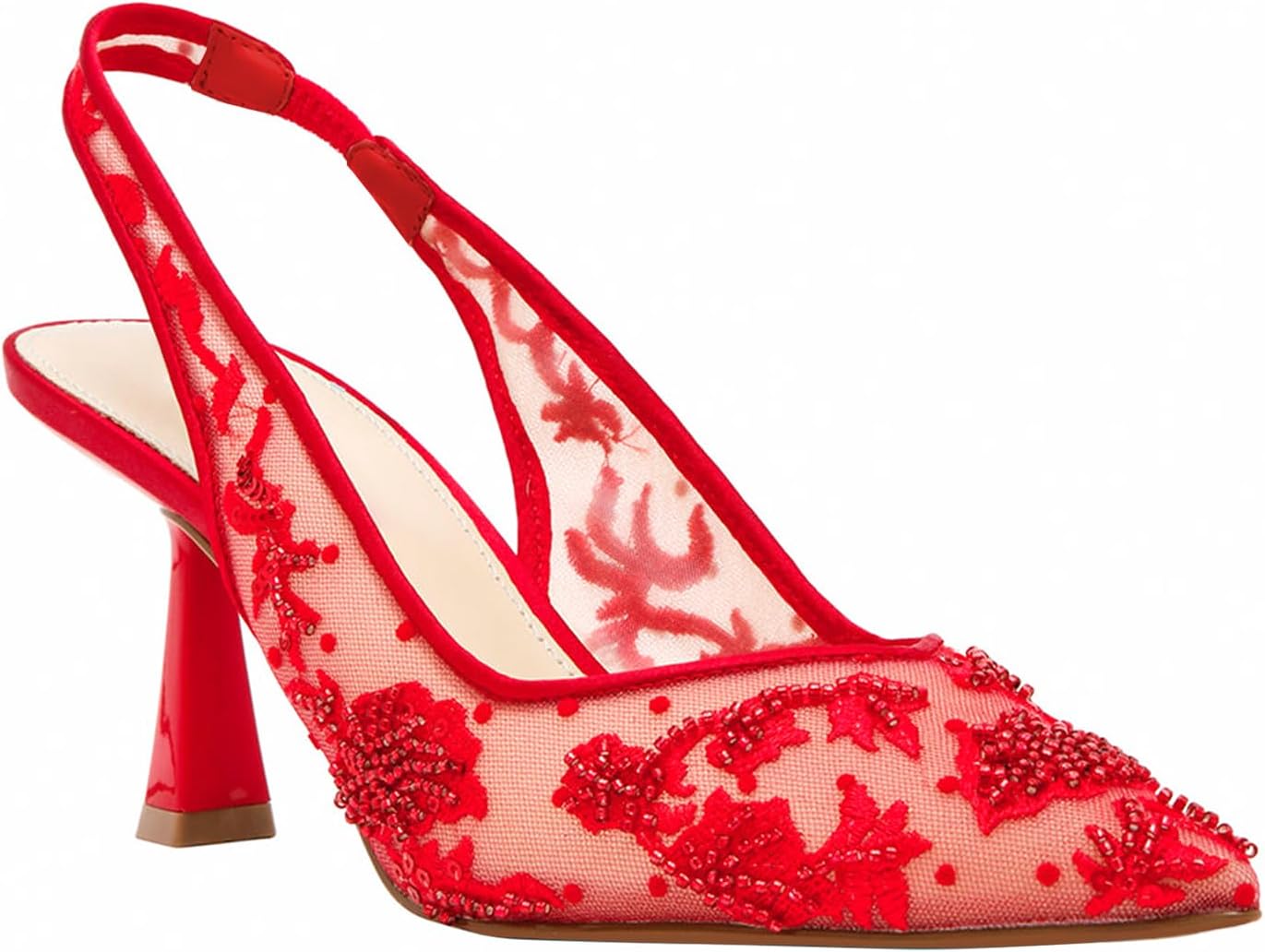 JORISTIMO Womens Slingback Kitten Heels Mesh with Beads and Sequins Embroidered Closed Pointed Toe Slip On Pumps
