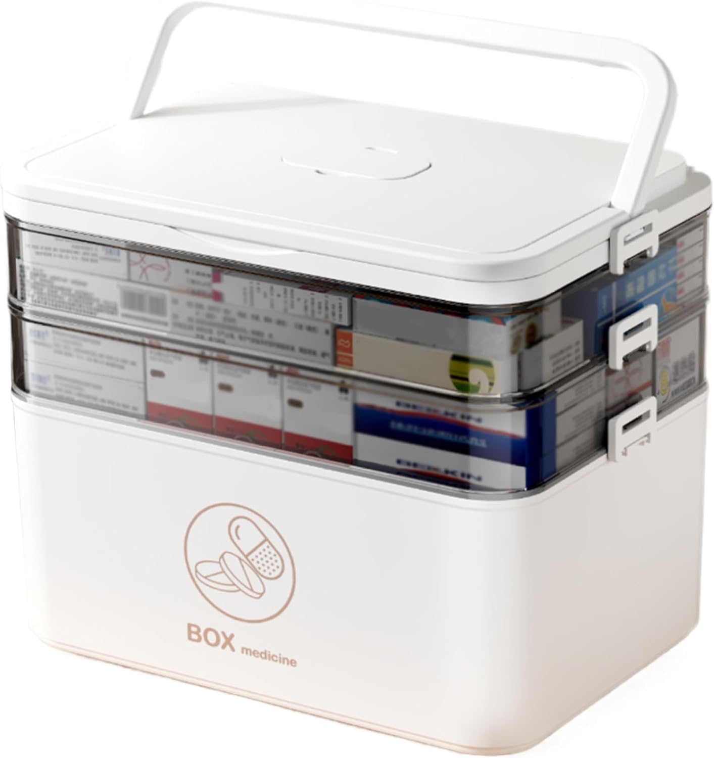 Caja para Medicamentos 3 Niveles | Botiquín Casa Portátil con Asa Ergónomica & Tapa Transparente (Blanco de Luna, 40,5x28x22 cm)
