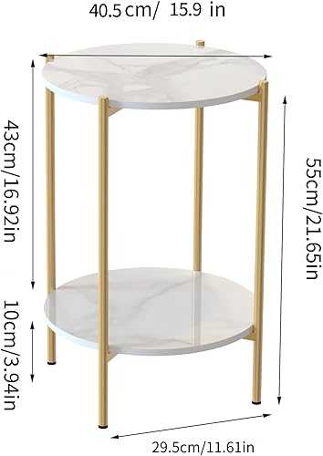 Miniatura 2 de Wisfor Mesa auxiliar de piedra sinterizada mesa auxiliar redonda blanca de 2 niveles - Mesa de centro pequeña con marco dorado - Moderna mesita de