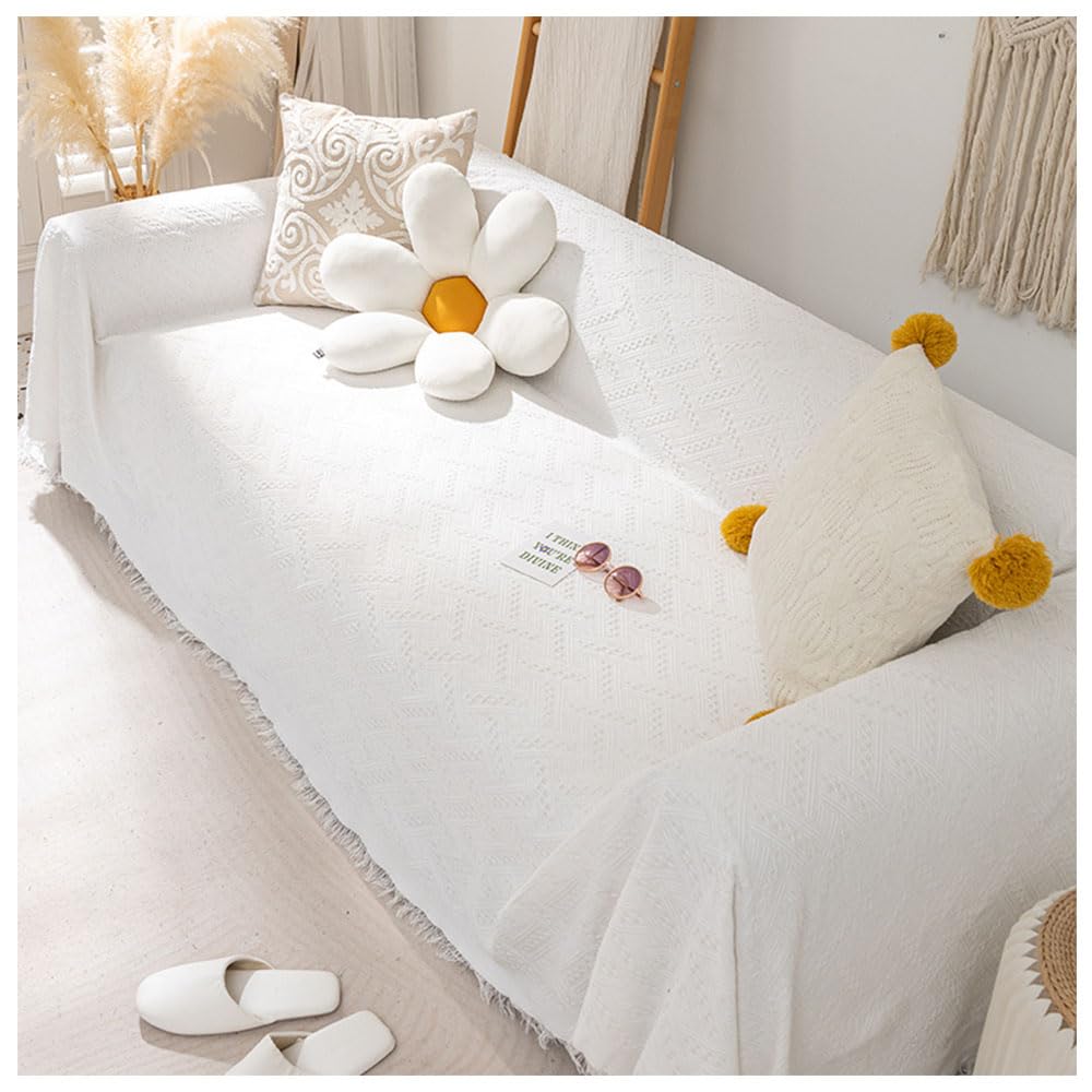 Jeté de canapé beige 130x130cm avec glands réversibles et couverture souple pour lit