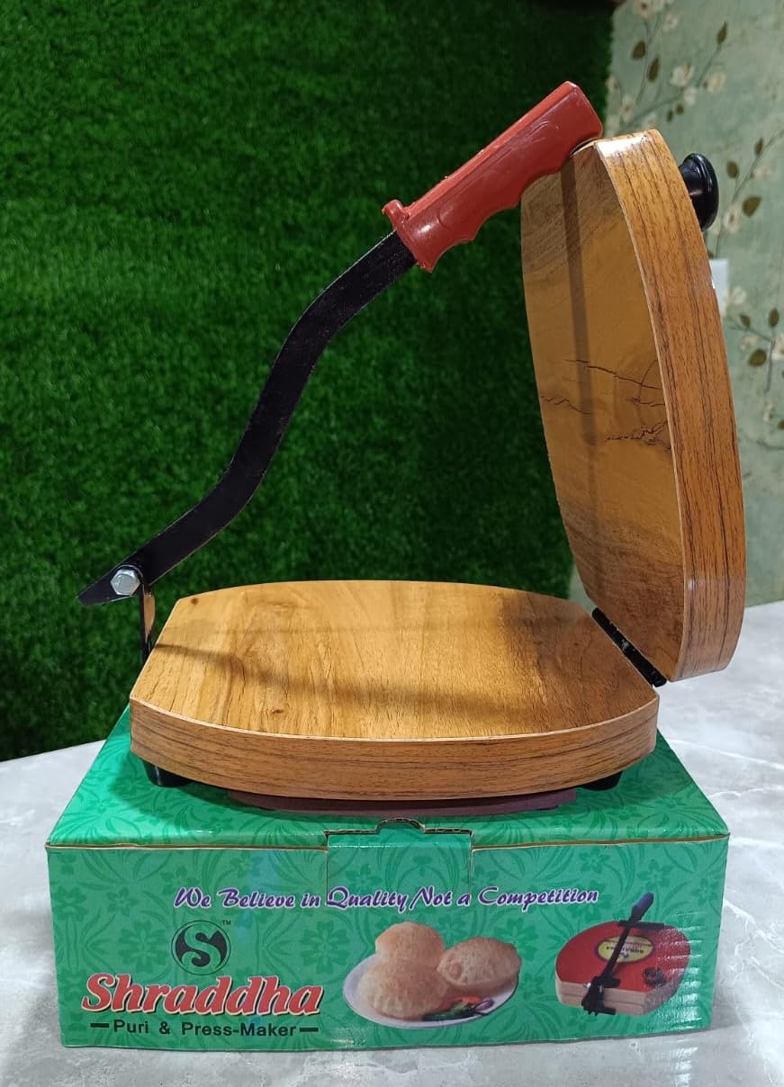 KHODAL Enterprise Wooden Manual Heavy Round Wooden Board Papad-Puri-khakhra Press Maker Plywood Machine with Iron Handle Roti Maker Press Machine with Handle for Kitchen for Home