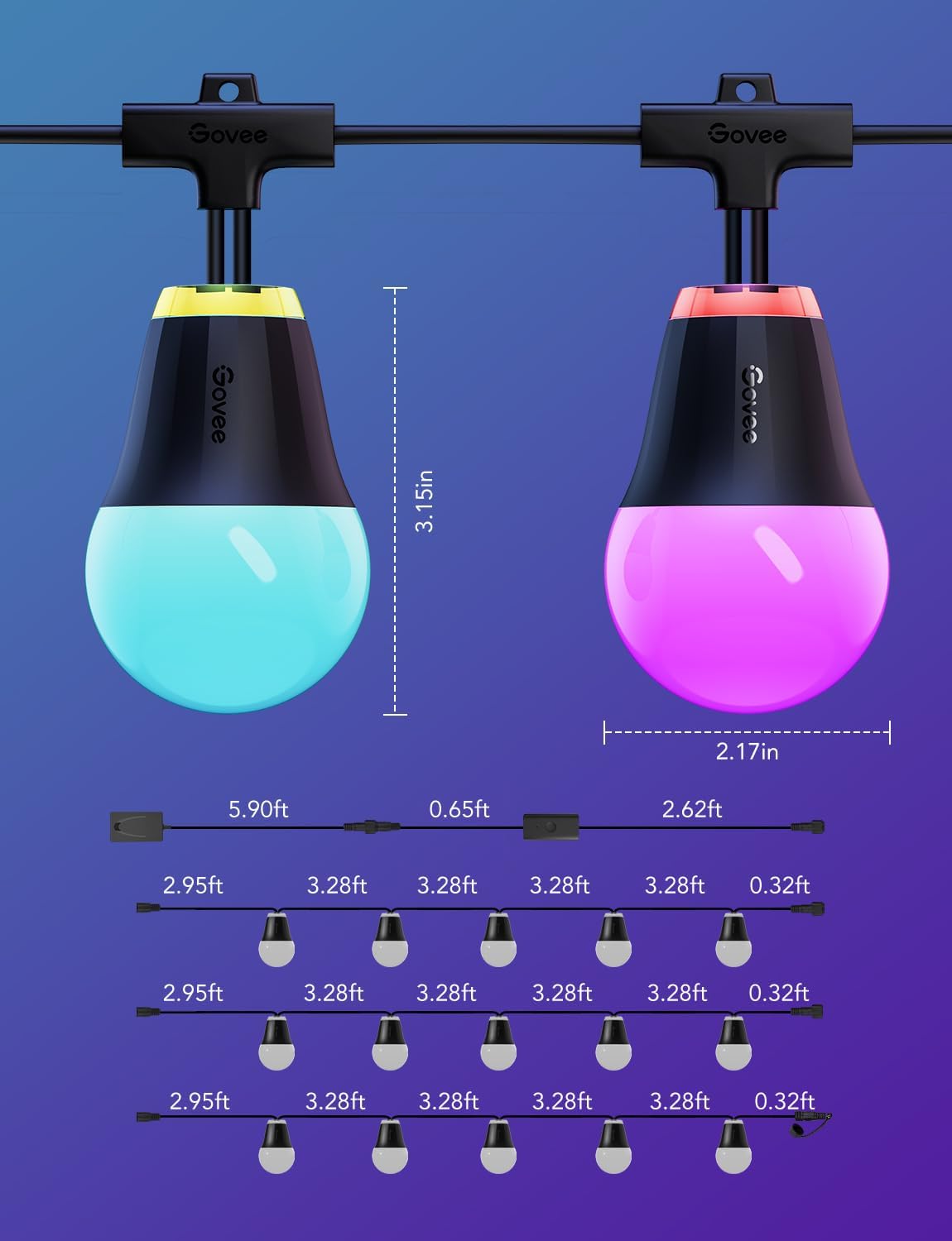 50ft RGBIC Smart Outdoor String Lights with Dimmable LED Bulbs