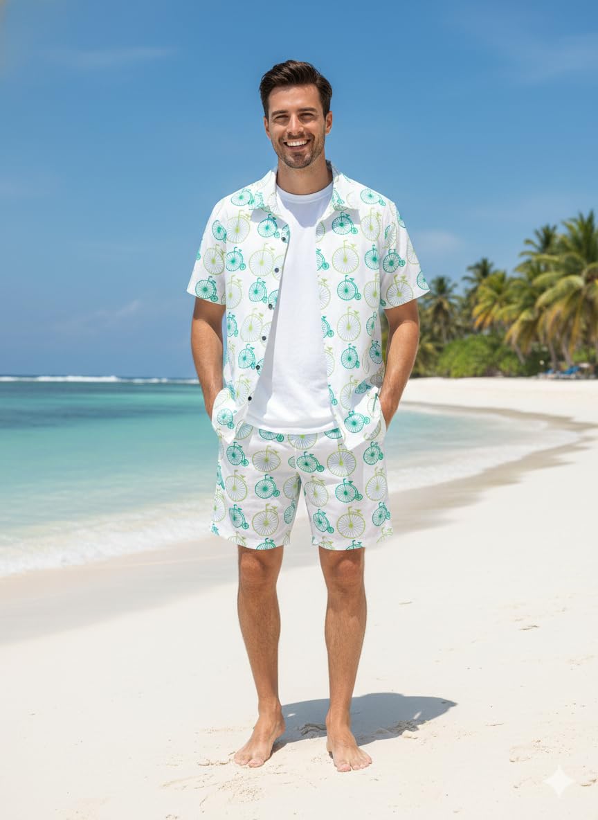 COOLLINEN Men’s Cotton Printed Co-Ord Set | Floral Print Short Sleeve Shirt with Drawstring Shorts | Casual Summer Wear, Beach & Vacation Outfit for Men (cycle, M.) 3