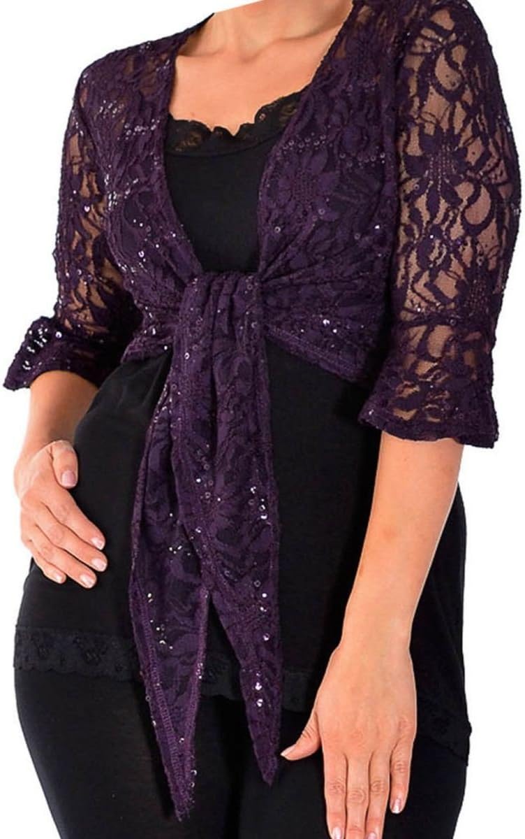 21Fashion New Ladies Plus Size Lace Sequin Tie Up 3/4 Flared Sleeve Shrug Bolero Top 12-26