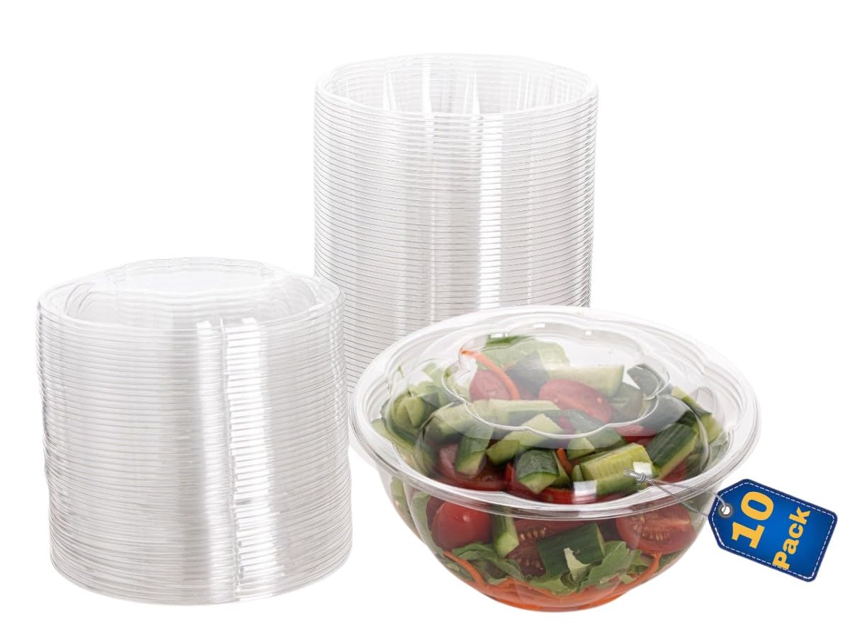 Disposable Plastic Salad Bowls with Airtight Lids Ideal for Meal Prep, Takeout, Catering, Parties, Picnics, and Food Storage, Stackable, Leak-Proof