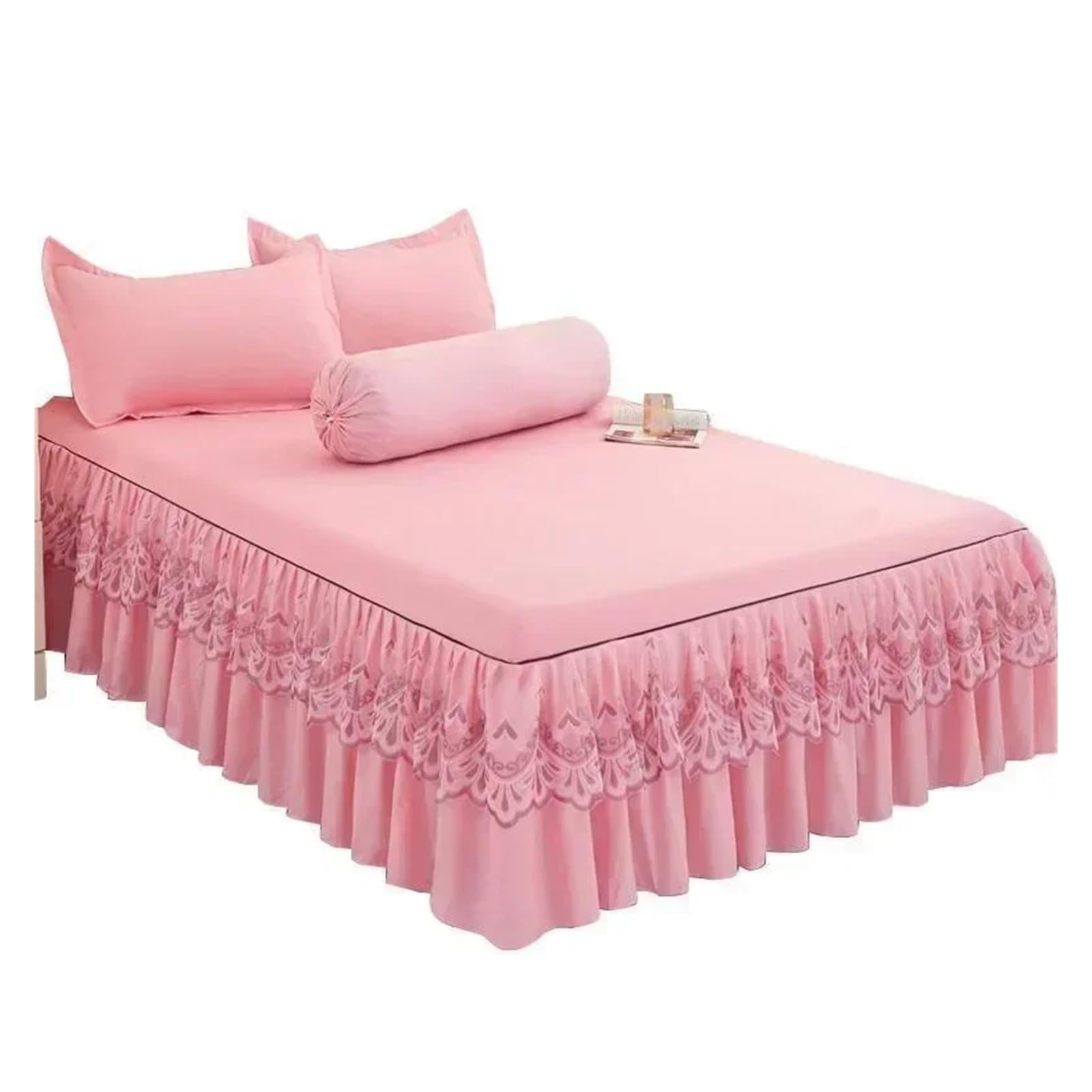 Ruffle Lace Skirt Bedspread Home Textile Solid Bed Skirt Bedroom Coverlets Bedspreads Sheets Cover Bedding(Pink,King)