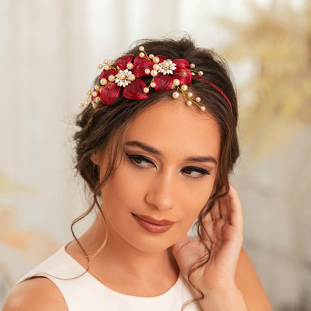 IYOU Flower Wedding Headband Red Pearl Hair Bands Copper Wire Prom Bridal Hair Accessories for Women - Image 4