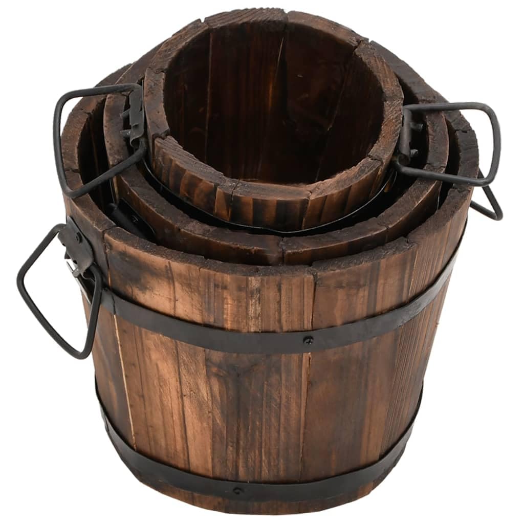 Set di 3 secchi in legno massiccio di abete con foro di drenaggio e manici in metallo, vaso per piante ed erbe aromatiche