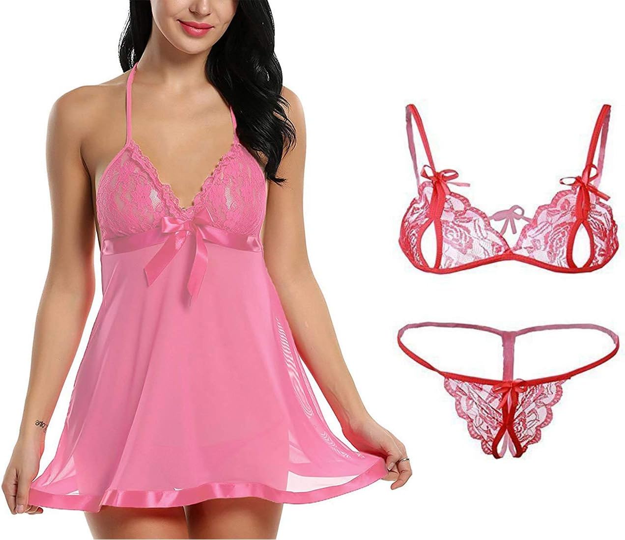 Pink Babydoll Lingerie for Women with Free Red Lace Bikini Set