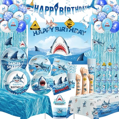 Srua Don Shark Birthday Party Decorations Ocean Theme Shark Party Supplies for Birthday Baby Shower Paper Plate Cup Napkin Backdrop Topper Tablecloth Balloon Swirl Cutlery Banner Serves 24
