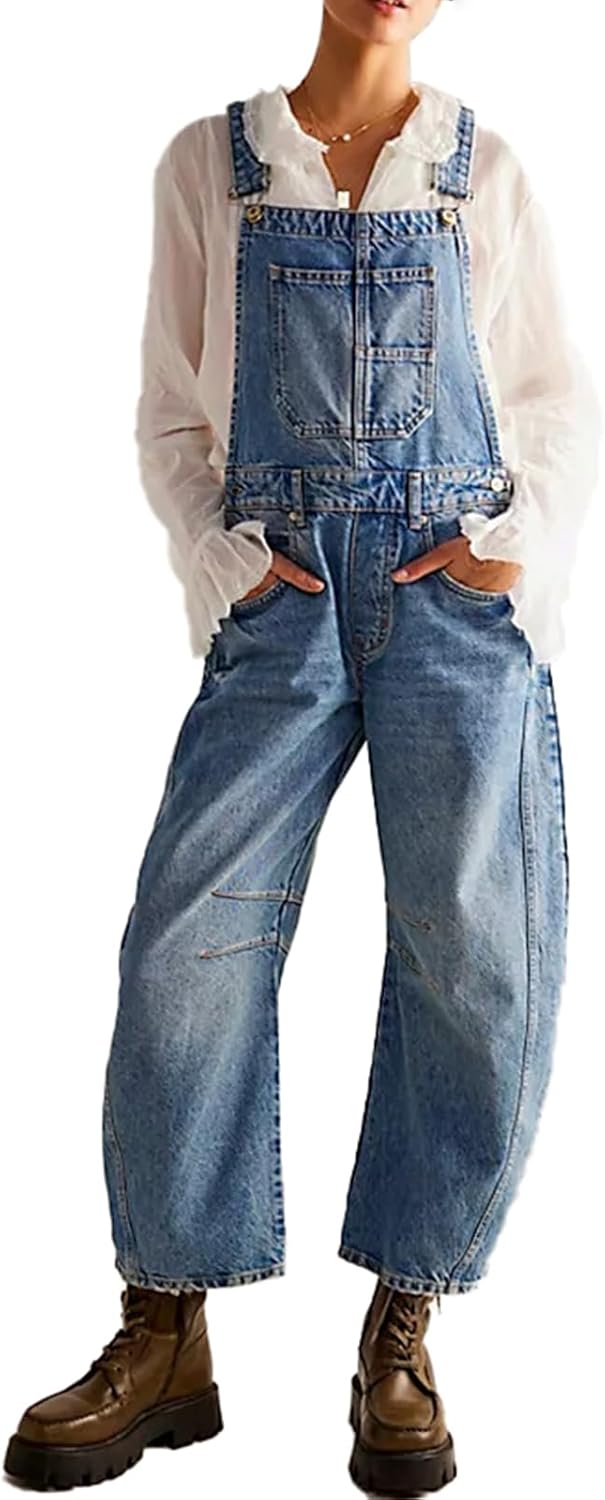 LONGBIIDA Women's Denim Overalls Barrel Wide Leg Loose Fit Bib Jean Romper Adjustable Strap Casual Jumpsuit