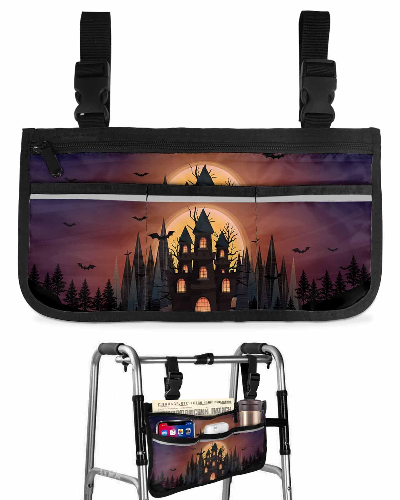 Anzona Happy Halloween Wheelchair Side Bag Walker Bag, Vintage Castle Forest Horror Wheelchair Accessories Armrest Pouch, Organizer Storage Bag for Walkers, Rollators, Scooters, 7.3''x13''