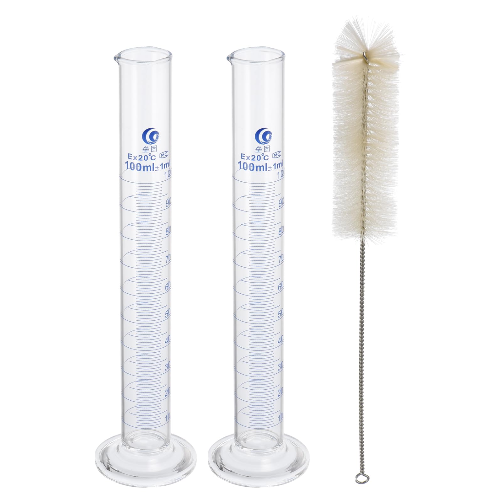 PATIKIL Cilindro Graduato da 100ml, 3.3 Base Rotonda Del Cilindro Graduato in Vetro Borosilicato con Spazzola per Esperimenti di Laboratorio, 2pz, Trasparente