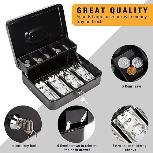 Miniatura 9 de Sgorlds Caja de efectivo grande con cerradura con bandeja extraíble para monedas, caja de metal segura con llave, cajas de efectivo con bloqueo
