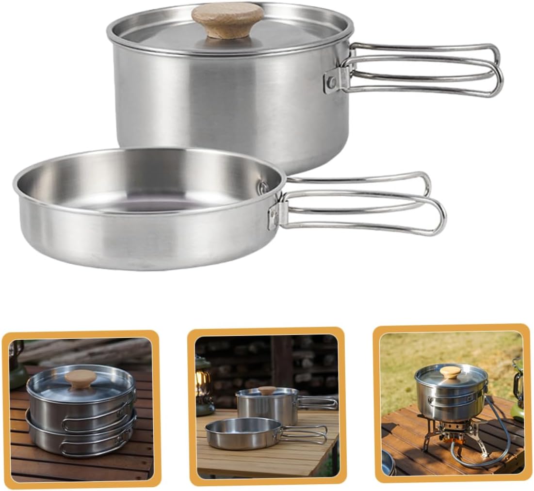 YARNOW Camping Pans Set of Multi-Function Folding Handle Pot Stainless Steel Camping Cookware Outdoor Frying Pan Portable Pot