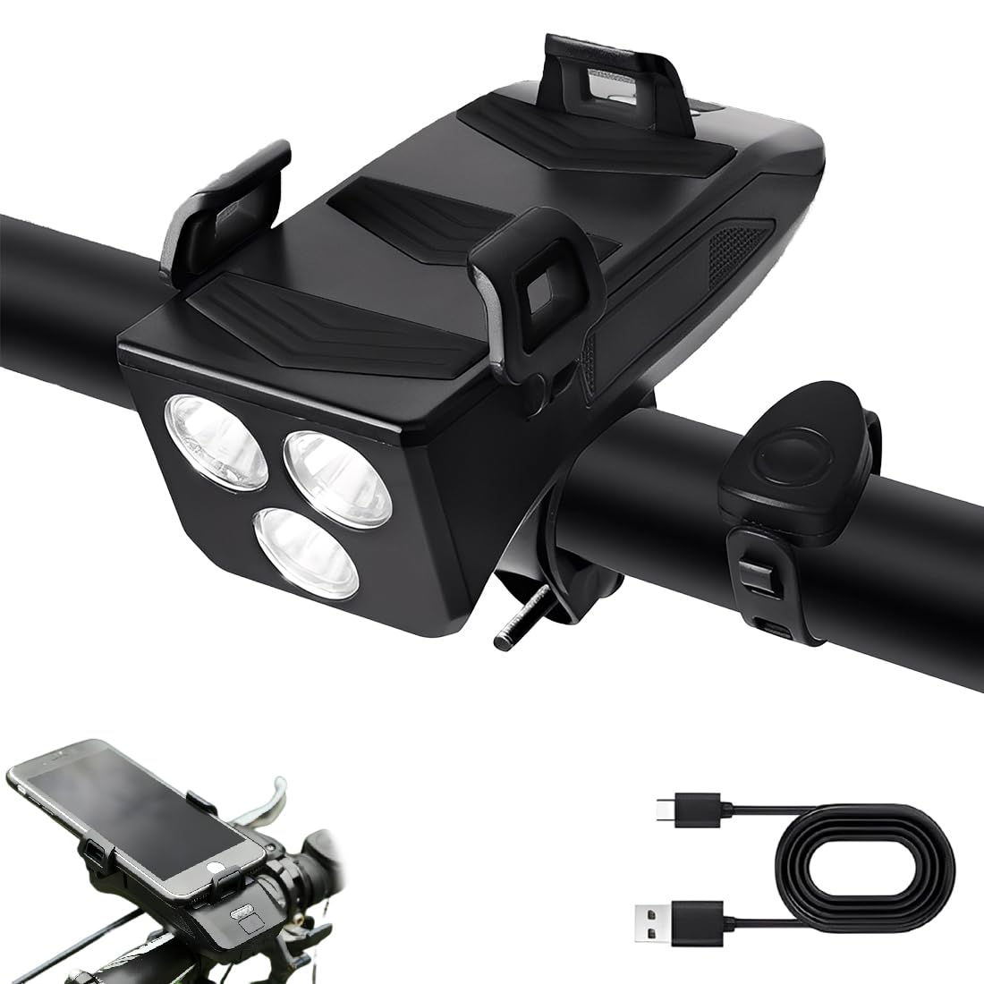 1 Pezzi Staffa per Telefono per Ciclismo, Luce da Bici 4-in-1, Luce da Ciclismo Multifunzionale con Power Bank e Clacson