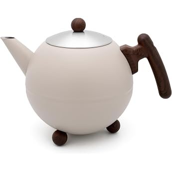 Bredemeijer Large Beige Bulbous Double-Walled Stainless Steel Teapot 1.2 Litres - Insulating Jug for Tea - Longer Warm Tea En