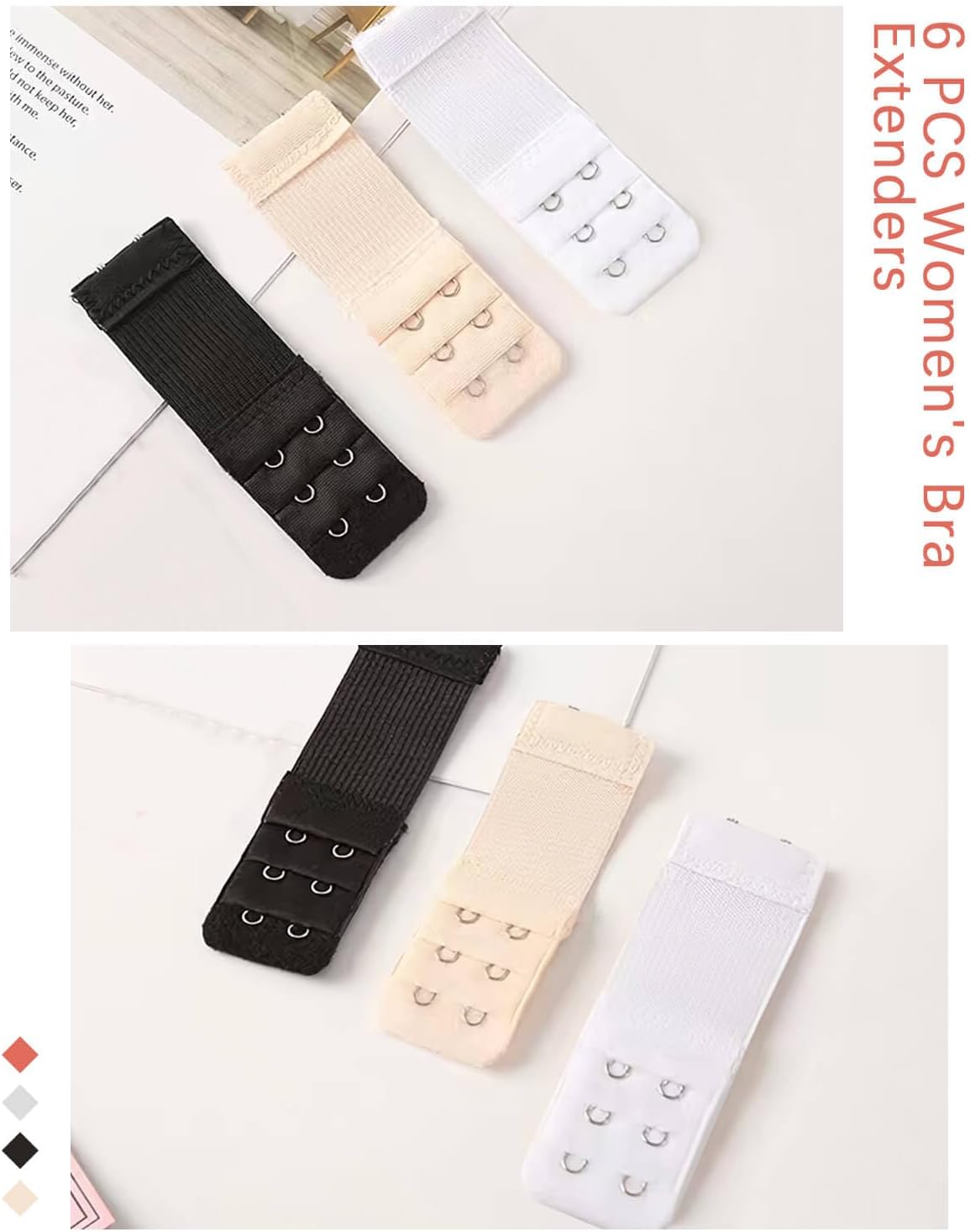 JELIEE 6 PCS Women's Bra Extenders 2 Hook 3 Row Soft Comfortable Stretchy Bra Extension Strap Elastic Bra Band Hook Bra Strap Extender Bra Extenders 2 Hooks Plus Size