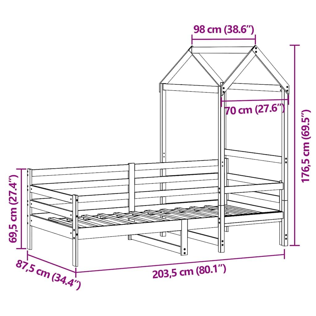 Cama de día con techo de madera maciza de pino, 80 x 200 cm, marco de cama con somier y espacio de almacenamiento, sofá cama para habitación infantil, diseño abierto, robusto juego de madera