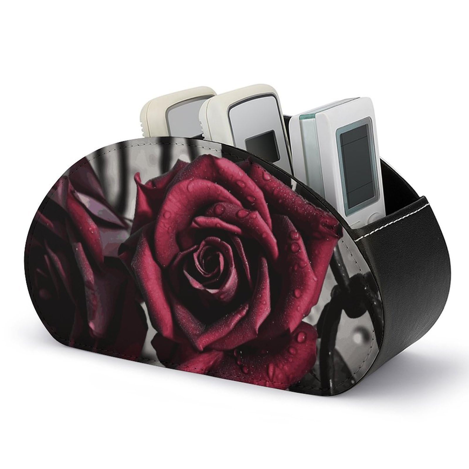JTREHY Gothic Roses Remote Control Holder with 5 Compartments Pu Leather Remote Caddy Box Multi-functional Deskt Holders Organizer Box Tray Bedside Table Storage Organizer