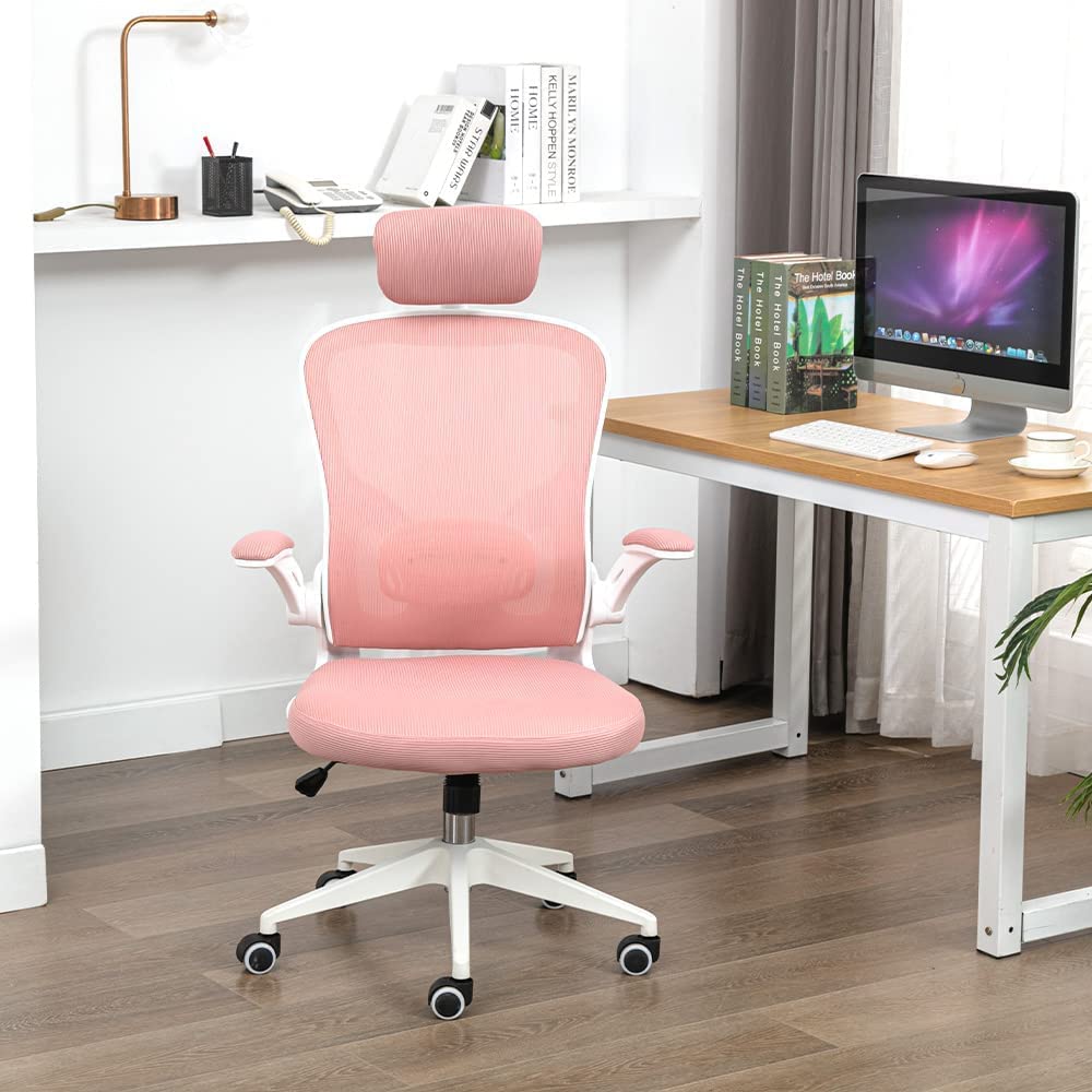 Silla de Oficina ergonómica, Silla de Oficina con reposabrazos Plegables, Silla de Oficina con Soporte Lumbar cómodo, Silla de Oficina rotativa (Rosa)