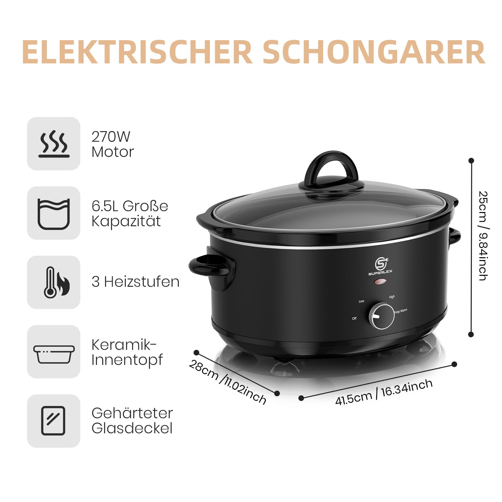 Slow Cooker - Pentola elettrica da 6,5 l, con pentola in ceramica e coperchio in vetro, funzione di mantenimento al caldo, 200 W, per feste di famiglia, zuppe, stufati, piatti di carne