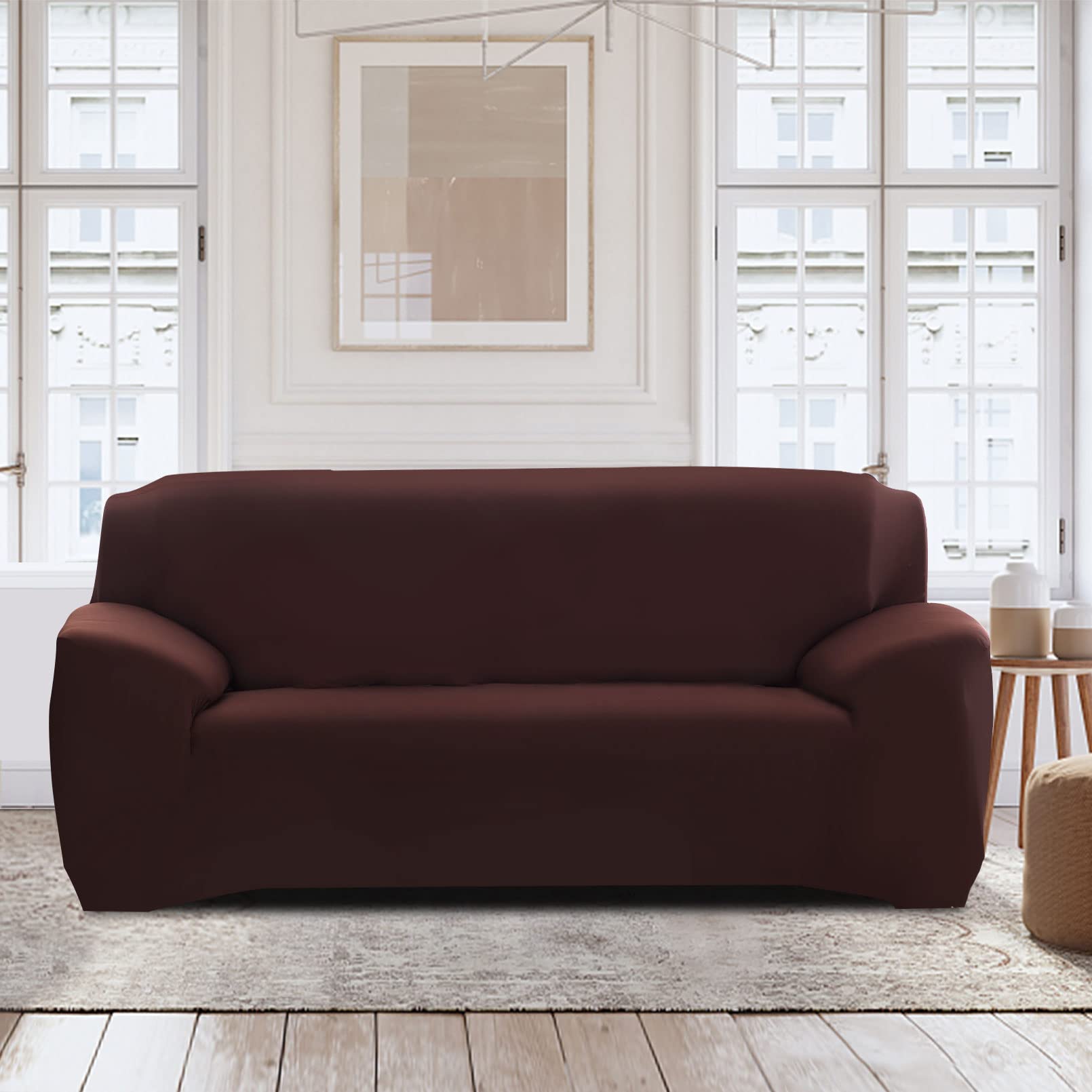 Lydevo Copridivano Elasticizzato 1 Posto Fodere Copri Divano con Braccioli con 2 Copricuscini Moderno Copridivano Fantasia Universale Antiscivolo Lavabile Divano Protector,Caffè