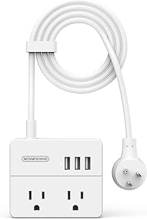 Travel Power Bar with USB, NTONPOWER Flat Plug Power Strip, 10ft Extra Long Extension Cord, 2 Outlets 3 USB Desktop Charging Station for Hotel, Dorm Room, Cruise Ship, Office and Home - White