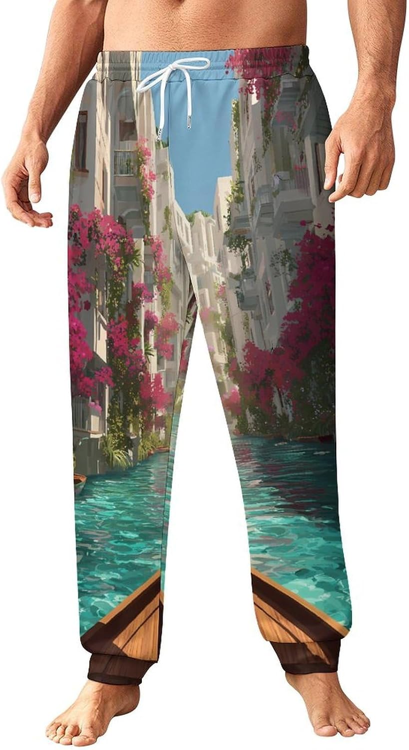 Mediterranean Canal Bougainvillea Men Pants Lightweight Sweatpants Joggers Pant 4XL