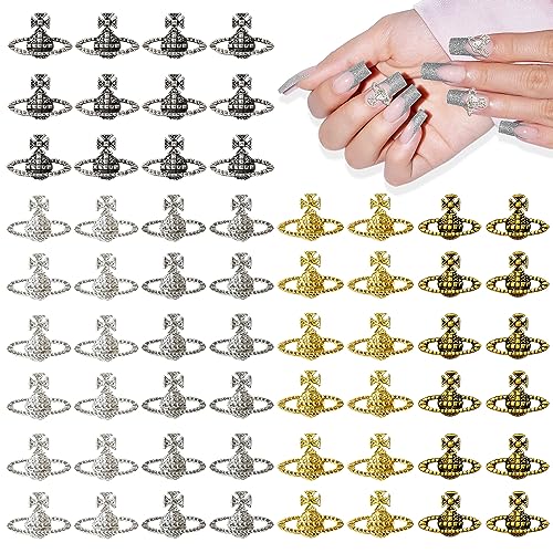 60 Pcs Planet Nail Charms CYHYII 3D Y2K Nail Art Charms Metal Punk Vintage Saturn Shape Nail Accessories for Women Girls Nail Art Design DIY Craft Crystals Jewelry(5 Colors)
