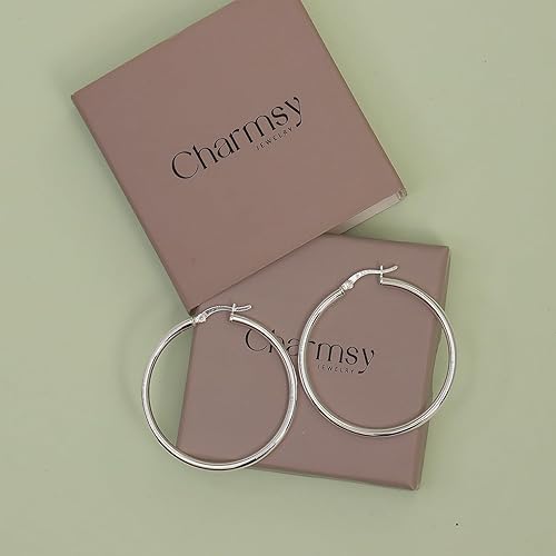 Miniatura 5 de Charmsy 925 Sterling Silver Hoop Earrings Lightweight 2.5mm Thick Round Italian Classic Hypoallergenic Hoop Earrings for Women Teen 15mm 20mm 25mm