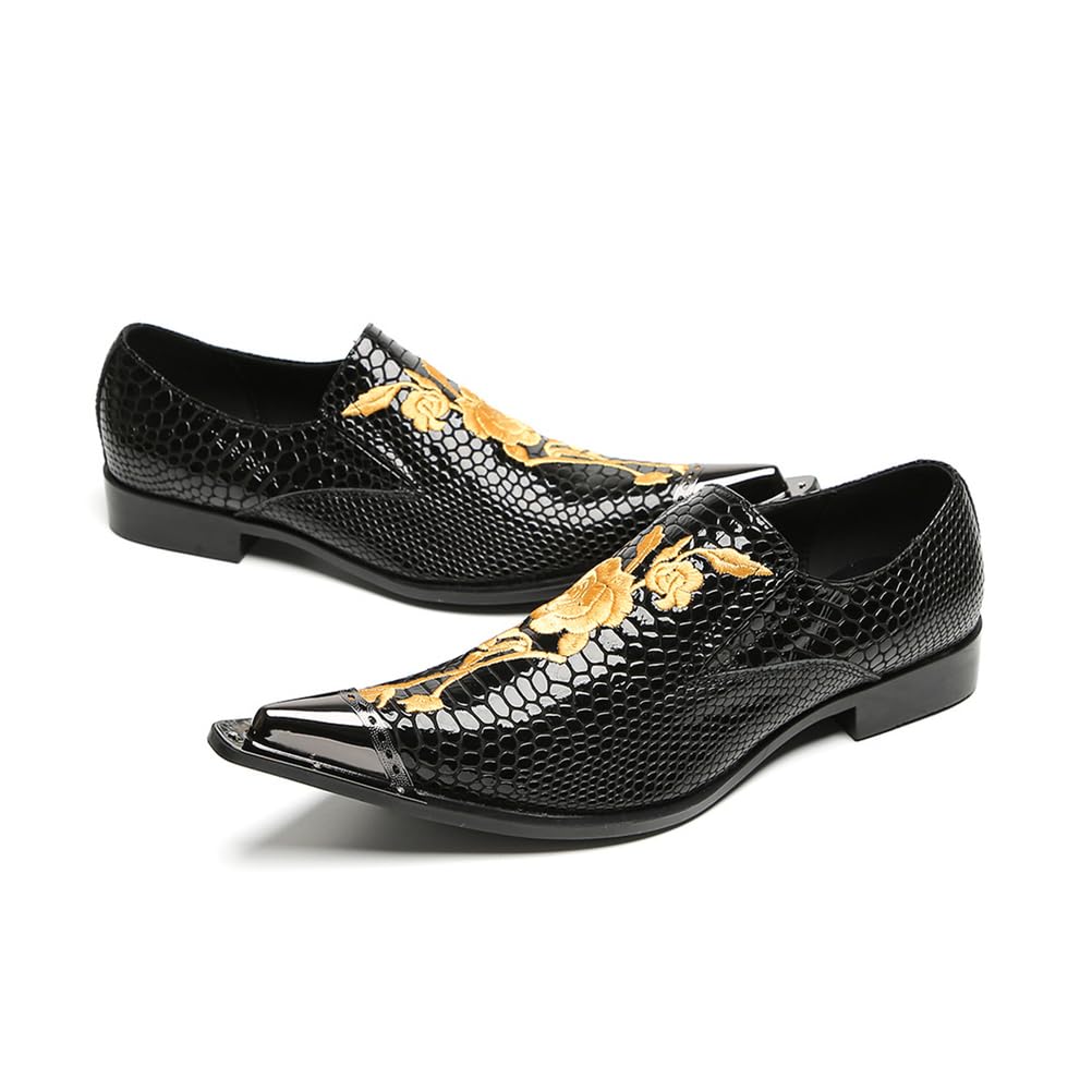 Scarpe da Cerimonia Uomo con Ricamo a Rosa Dorata, Mocassini in Pelle Rossa Trama Serpente con Punta Metallica per Matrimoni e Gala