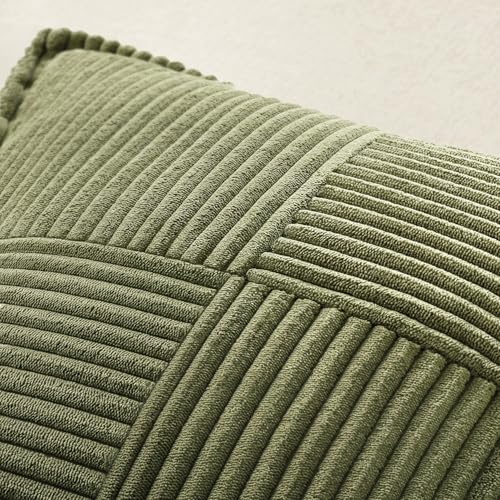 Image of MIULEE Spring Decorative Throw Pillow Covers for Couch Bed Livingroom 20x20 Inch Set of 2 Olive Green Boho Accent Throw Pllows Broadside Striped Patchwork Soft Corduroy Summer Pillowcases