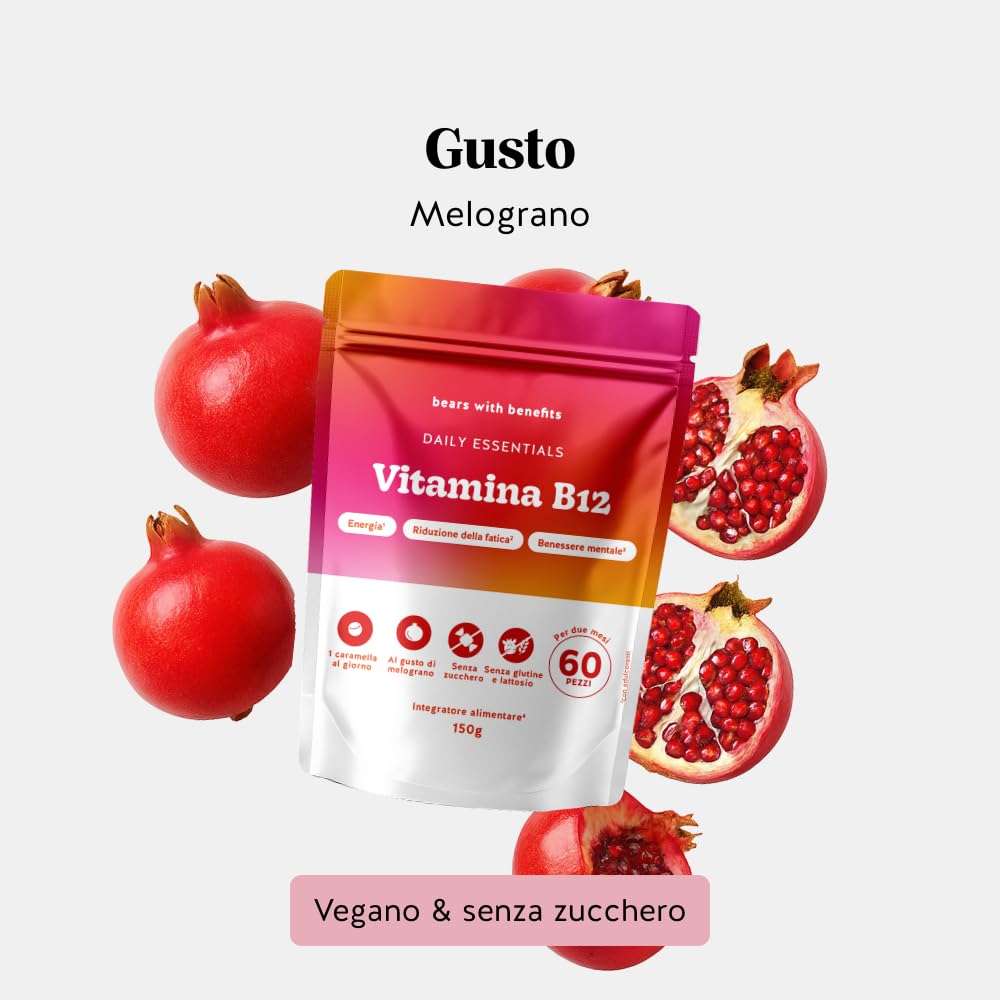 Vitamina B12 400µg Gummies - Daily Essentials – Metabolismo Energetico, Riduzione della Stanchezza – Difese Immunitarie – 60 Pezzi (2 mesi) – Vegan, Senza Zucchero – Bears with Benefits