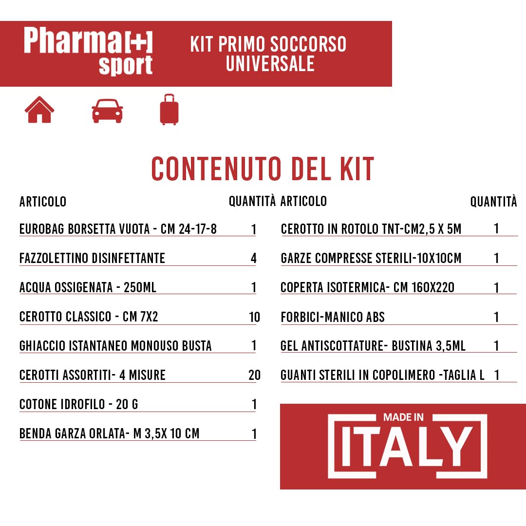 PHARMAPIÙ SPORT – Kit Primo Soccorso per Casa, Auto e Viaggio | Borsa Emergenza Completa con Garze, Cerotti, Disinfettante e Guanti | MADE IN ITALY