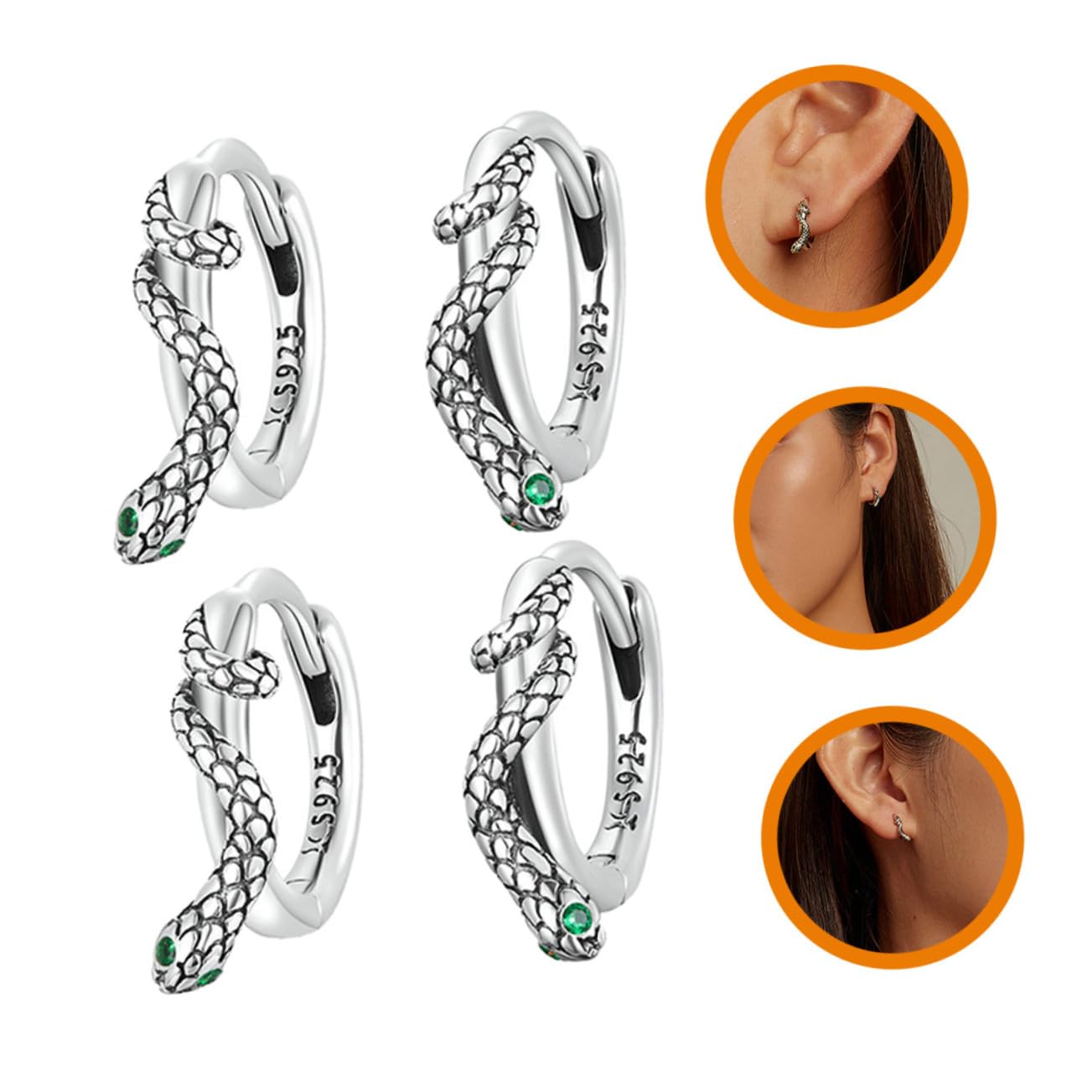 Uonlytech 2pares Pendientes de Serpiente de Plata Diseño Creativo Pendientes de Moda para Mujer Líneas de Zirconio Verde Accesorios para Orejas para Fiesta o Diario