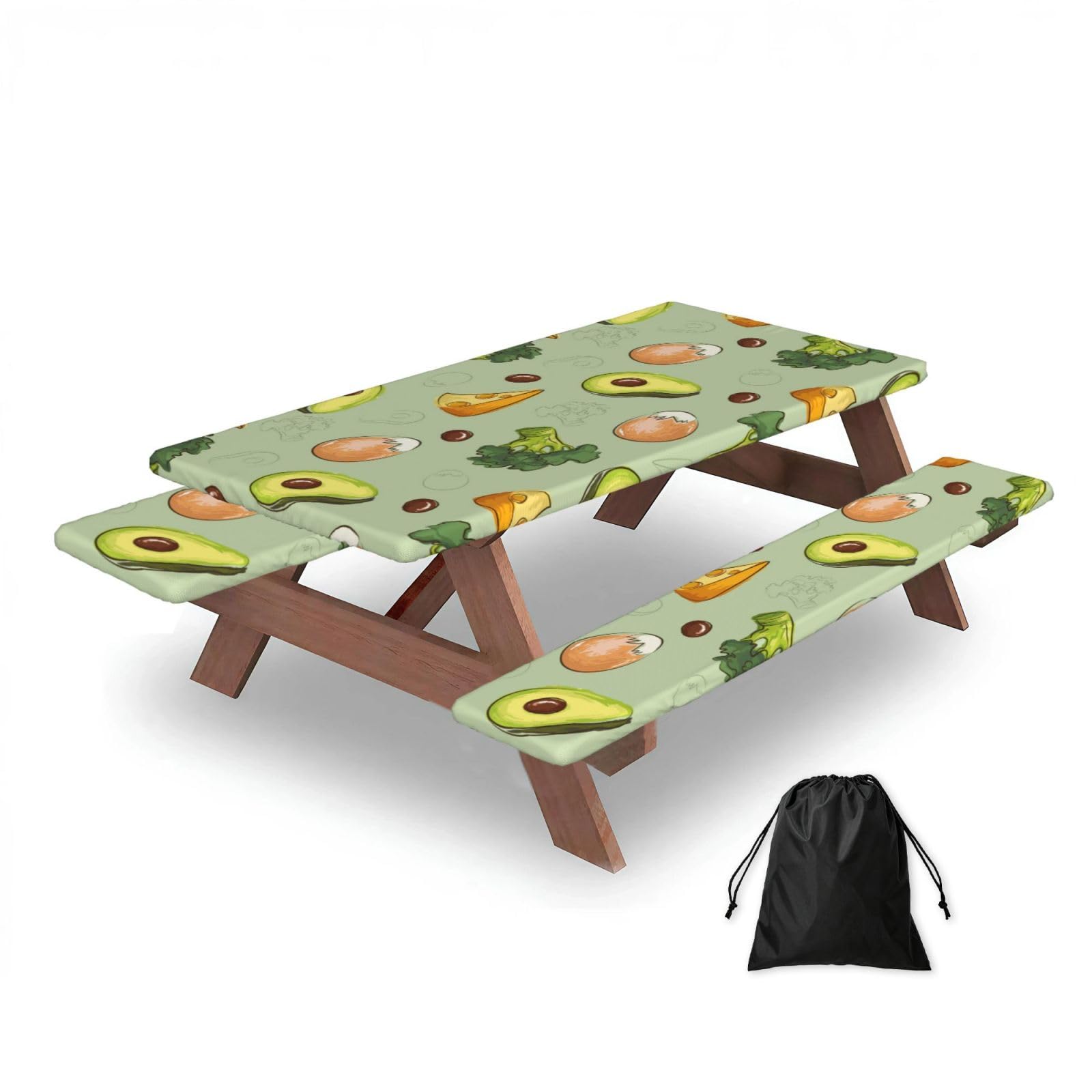 Doodle Broccoli Cheese Avocado, Picnic Table Cover With Bench Covers -Waterproof Elastic Fitted Tablecloth for Garden Camping Patio 76x152cm