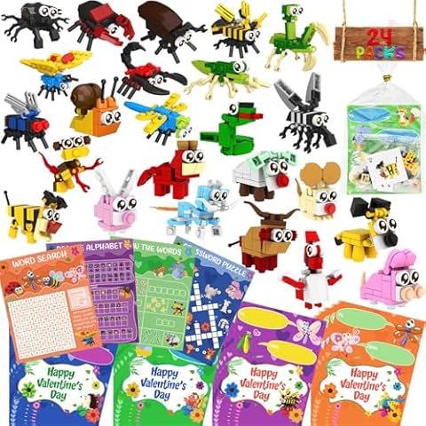 Valentines Day Cards for Kids Classroom, 24 Packs Animals and Insects Building Blocks with Valentines Day Cards for Kids Valentines Gifts Exchange, Valentine Party Favor, Classroom Exchange Prize Cover