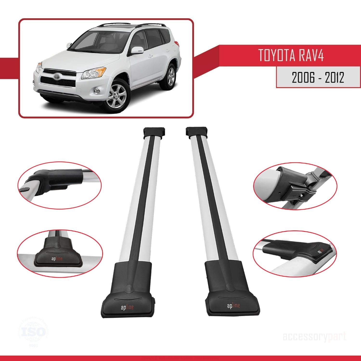 Compatible con Toyota RAV4 III (XA30) 2006-2012 Modelo Fly Barra de Techo Auto Portaequipajes Barras Transversales Gris Aluminio 2 Barras
