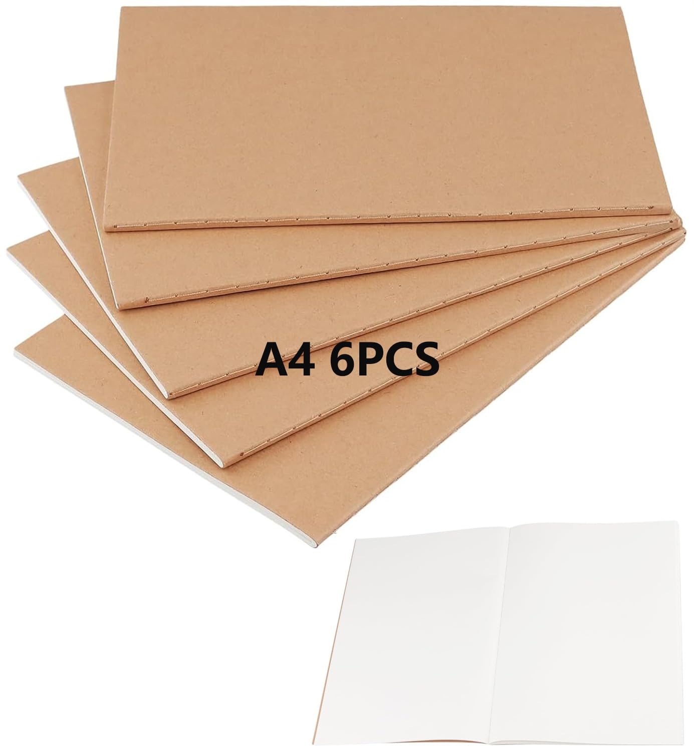 WEIWUXIAN 6 Pack A4 Sketchbooks, Brown Kraft Paper Thread-Stitched Sketch Notebooks, 100gsm Thick Paper, 30 Sheets, 60 Pages, for Drawing, Journaling, Ideal for Artists, Teachers & Travel (A4 6pcs)