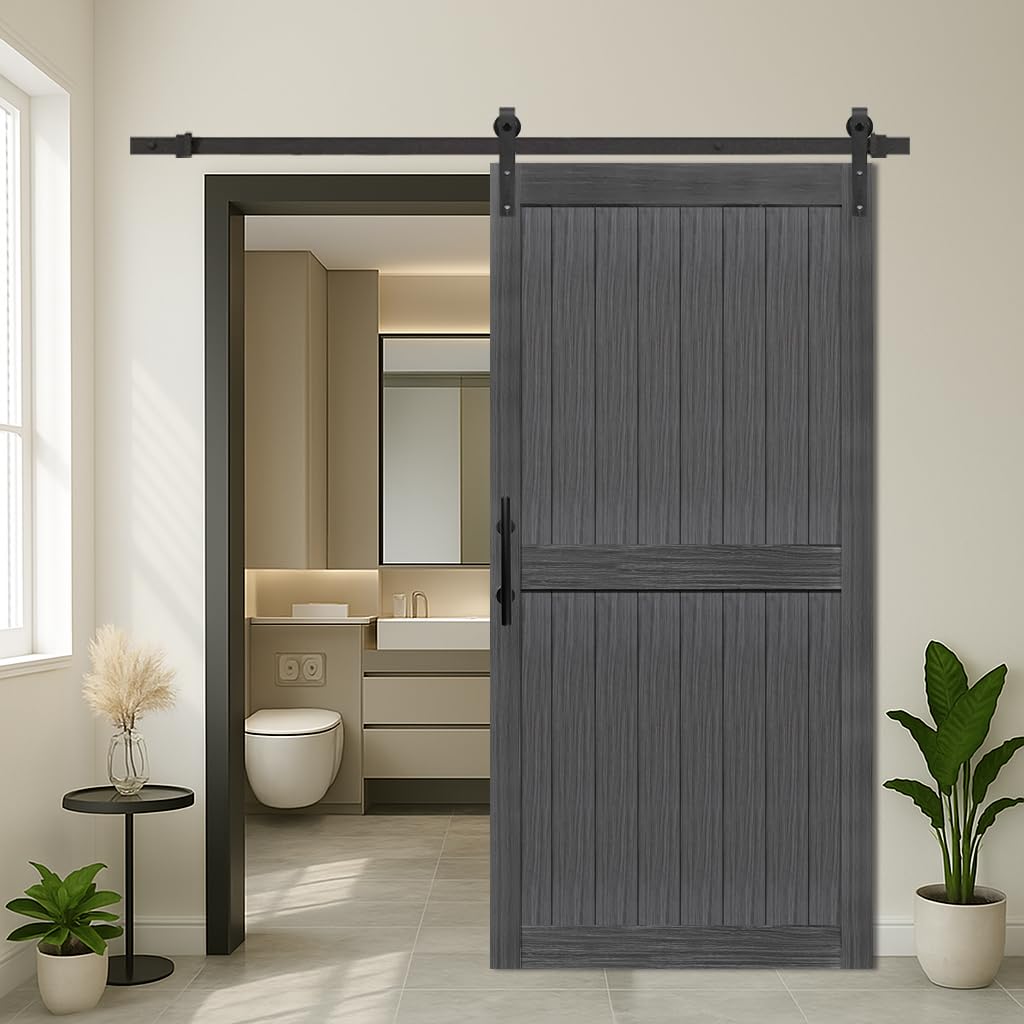 S&Z TOPHAND® 40in x 84in MDF Deep Gray Barn Door with 6.6FT Sliding Door Hardware Kit, 24-60in Solid Barn Door Slab Covered with Water-Proof PVC Surface, Simple Assembly is Required